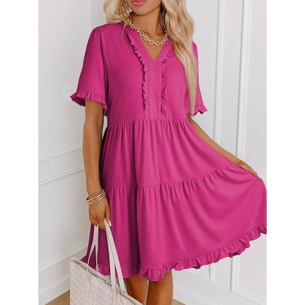 Dokotoo Womens V Neck A Line Short Sleeve Casual Ruffle Babydoll Mini Dress Sz L - Picture 3 of 6
